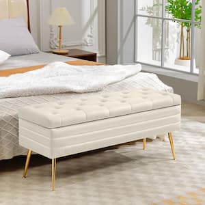 Velvet White Storage Ottoman Entryway Bench with Gold Base and Diamond Tufted Design for Living Room