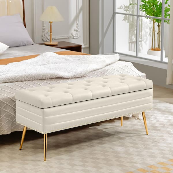 JEAREY Velvet White Storage Ottoman Entryway Bench with Gold Base and Diamond Tufted Design for Living Room
