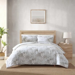 Beachway Blooms 3-Piece Grey Cotton/Linen Blend Full/Queen Comforter Set