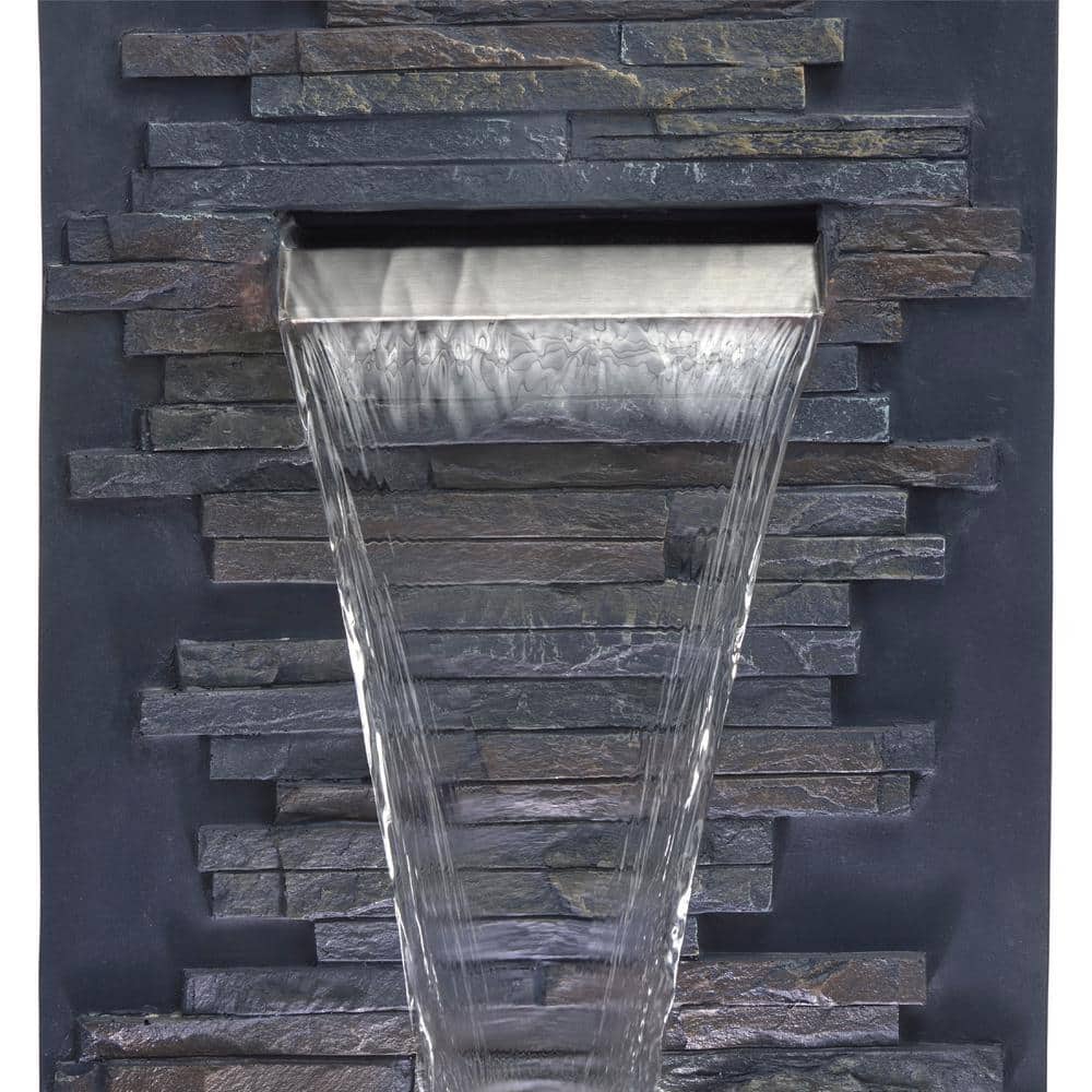 Gray Polystone and Fiberglass Cascading Wall Fountain with LED Lights