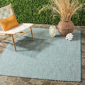Courtyard Turquoise/Light Gray 4 ft. x 4 ft. Distressed Solid Indoor/Outdoor Patio  Square Area Rug