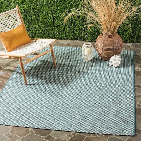 Courtyard Turquoise/Light Gray 4 ft. x 4 ft. Distressed Solid Indoor/Outdoor Patio  Square Area Rug