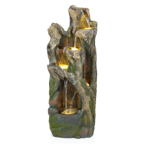 Alpine Corporation 40 in. Outdoor Floor Tree Trunk Waterfall Fountain with Lights, Gray
