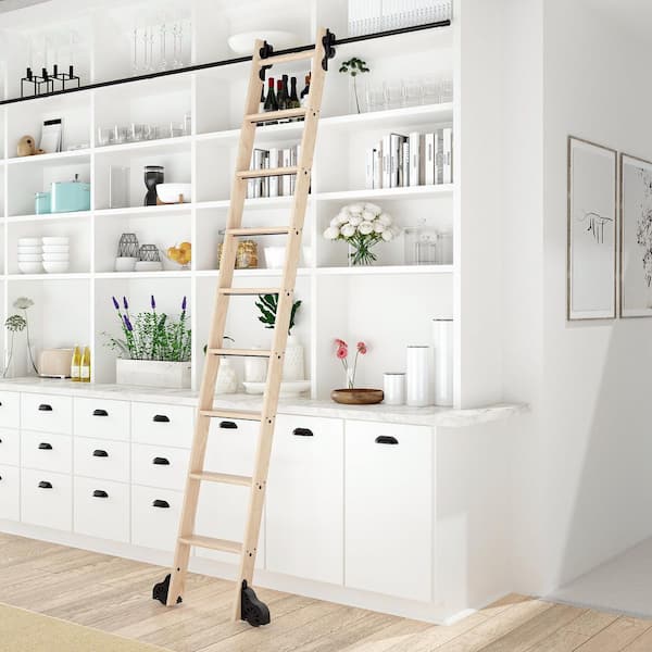 Quiet Glide 8.92 ft. Maple Library Ladder (10 ft. Reach) Black Rolling Ladder Kit with 12 ft. Rail and Horizontal Brackets
