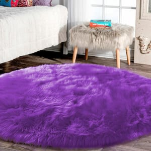 Faux Sheepskin Fur Purple 10 ft. Fuzzy Cozy Furry Rugs Round Area Rug