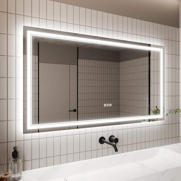 EAKYHOM 30 in. W x 55 in. H Rectangular Frameless Anti-Fog Wall Dimmable Backlit Dual LED Bathroom Vanity Mirror in Silver