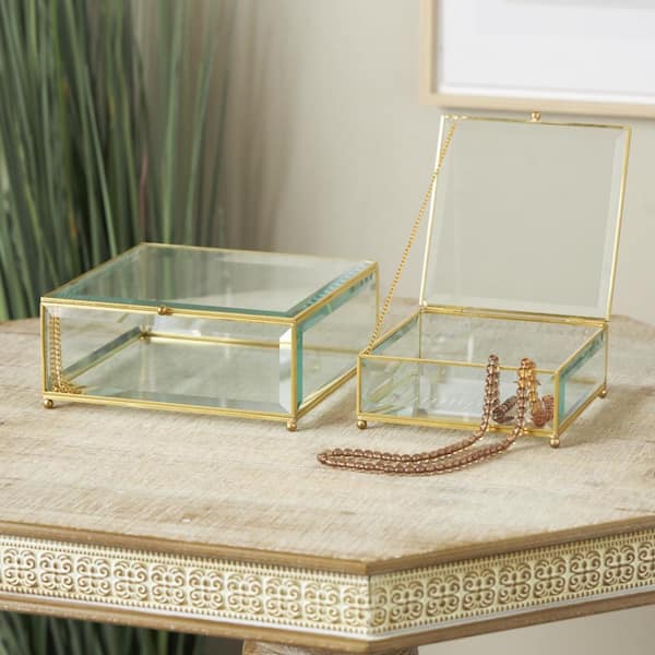 Litton Lane Clear Glass Beveled Jewelry Box with Gold Metal Frame and Chain Accent (Set of 2)