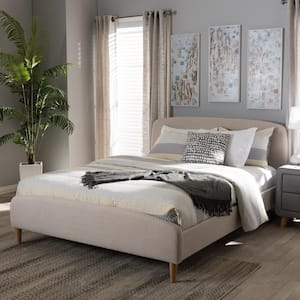 Mia Mid-Century Beige Fabric Upholstered Queen Size Bed