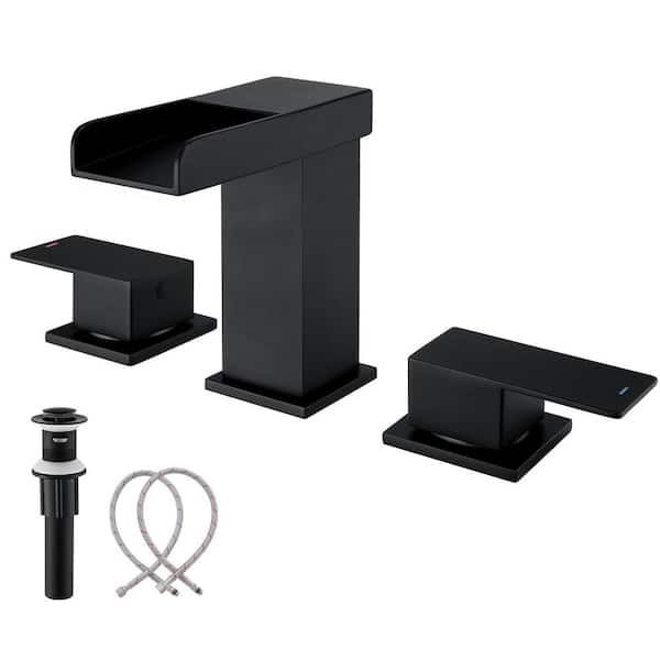 GAGALIFE 8 in. Widespread Double-Handle Waterfall Spout Bathroom Vessel Sink Faucet with Pop Up Drain in Matte Black