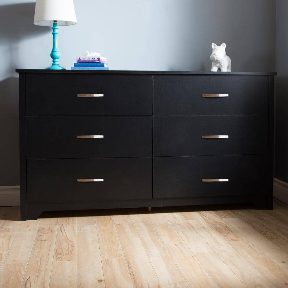 Elegant Pure Black 6-Drawer Horizontal Chest with Metal Handles