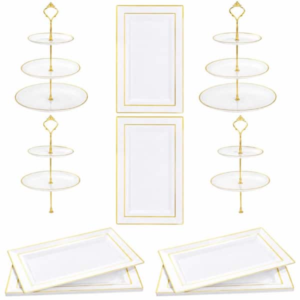 4-Pack 3-Tier White and Gold Plastic Cupcake and Dessert Stand Set with 6 Bonus Serving Trays