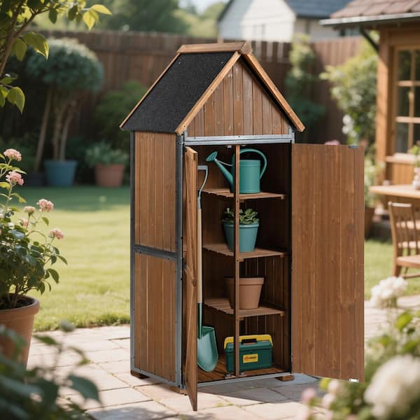 21 in W x 32.3 in D x 67 in H Brown Wood and Metal Outdoor Storage Cabinet-Perfect for Backyard, Garden, Patio