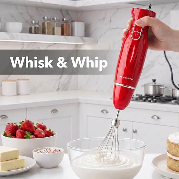 OVENTE Ultra-Stick 2-Speed Red Hand Immersion Blender Set with