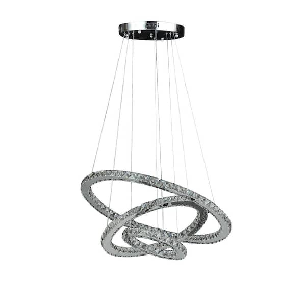ORE International Else Medium Crystal Triple Hoop Integrated LED Chrome Silver Chandelier with Remote Control