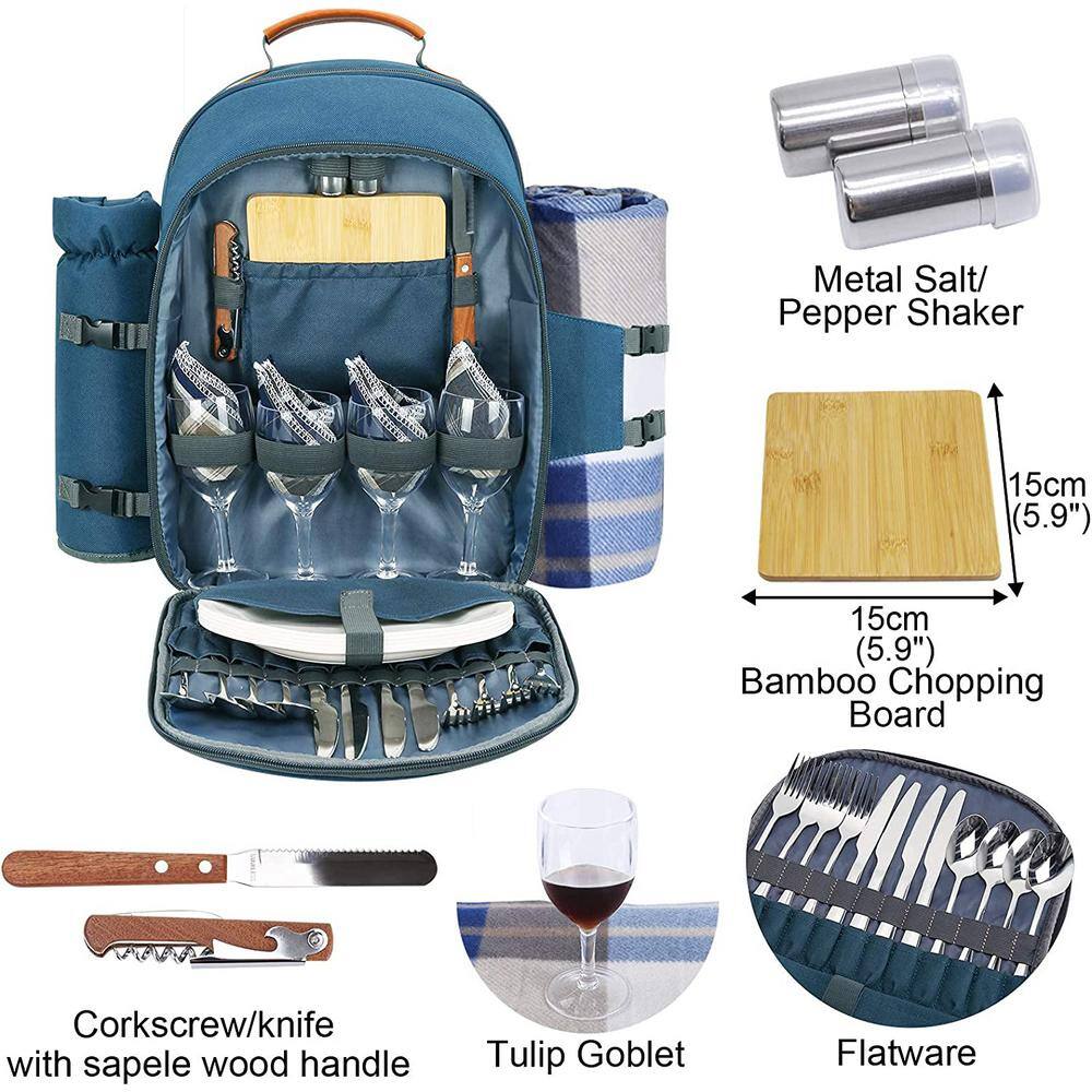 Light Blue 4-Person Picnic Backpack with Blanket and Insulated Cooler