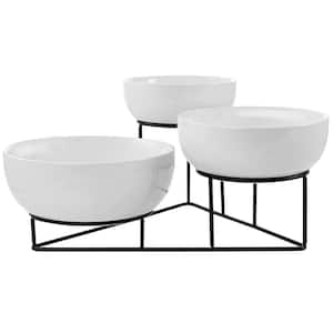 4-Piece White Bowl Set with Metal Rack