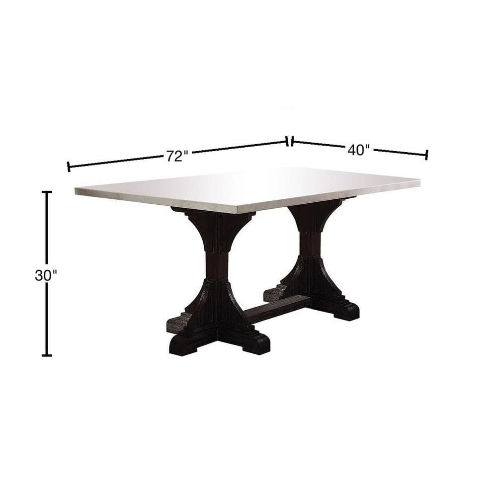 Transitional Reclaimed Wood & White Marble Dining Table, Weathered Espresso