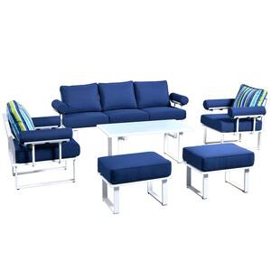 Havasu White 6-Piece Aluminum Outdoor Patio Conversation Sofa Set with Navy Blue Cushions