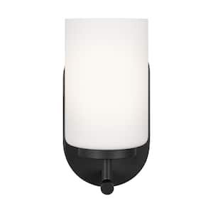 Oslo 4.75 in. 1-Light Midnight Matte Black Transitional Contemporary Wall Sconce with Cased Opal Etched Glass Shade