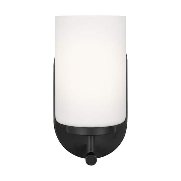 Generation Lighting Oslo 4.75 in. 1-Light Midnight Matte Black Transitional Contemporary Wall Sconce with Cased Opal Etched Glass Shade