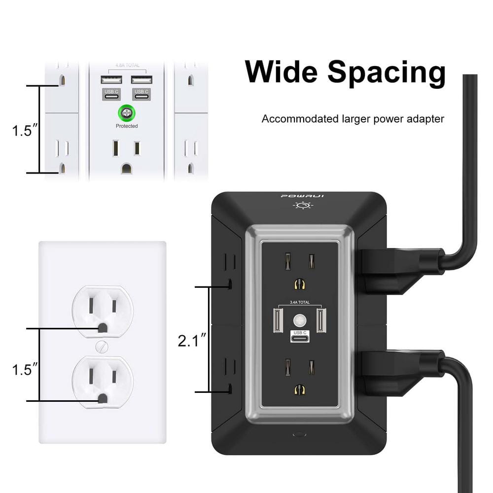 Black 6-Outlet Surge Protector with USB Ports and Night Light