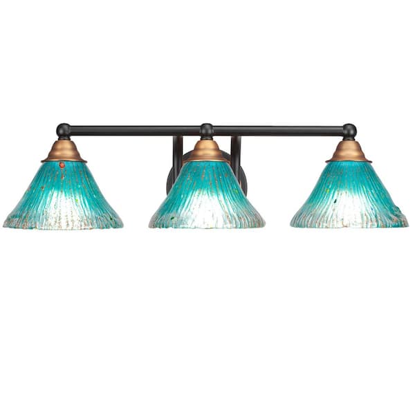 Madison 8.5 in. 3-Light Bath Bar, Matte Black and Brass, Teal Crystal Glass Vanity Light