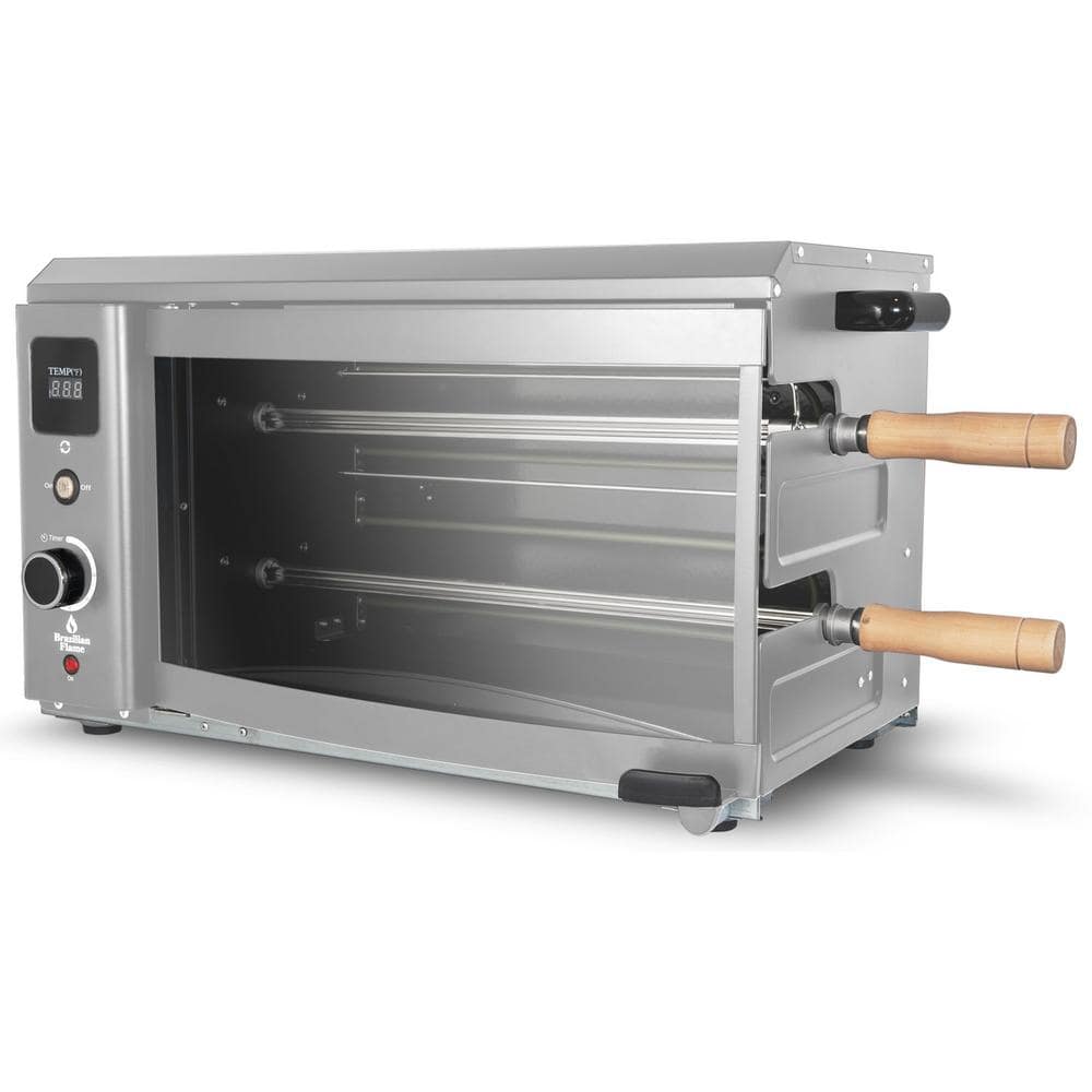 2-Skewer Silver Brazilian Portable Rotisserie Electric Grill in Stainless Steel