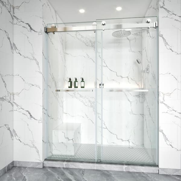 LASIHEM 62-66 in. W x 76 in. H Double Sliding Frameless Shower Door in Chrome with 3/8 in. Clear Glass