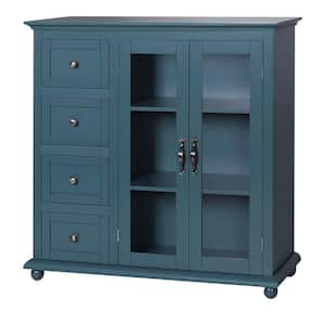 Teal Blue Wood 36 in. Kitchen Cabinet Storage Sideboard with Glass Door and 4-Drawers