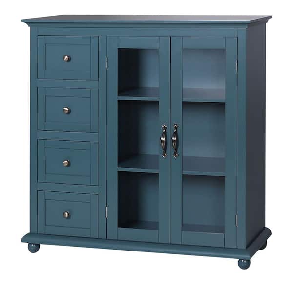 VEIKOUS Teal Blue Wood 36 in. Kitchen Cabinet Storage Sideboard with Glass Door and 4-Drawers