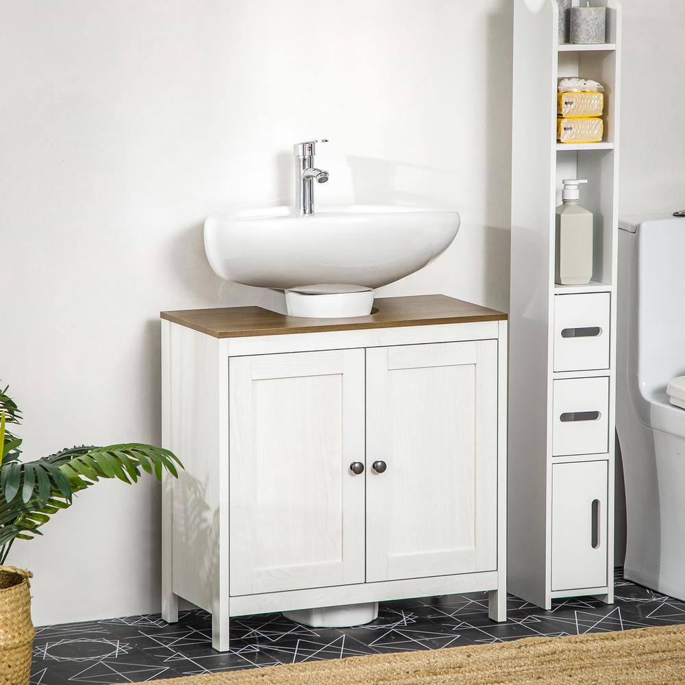 Antique White Freestanding Bathroom Sink Cabinet with Dark Wood Top