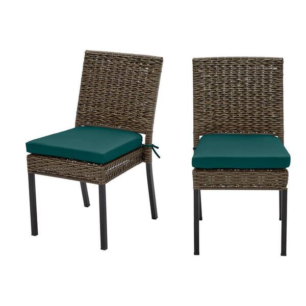 Hampton Bay Laguna Point Brown Wicker Outdoor Patio Dining Chair with CushionGuard Malachite Green Cushions (2-Pack)