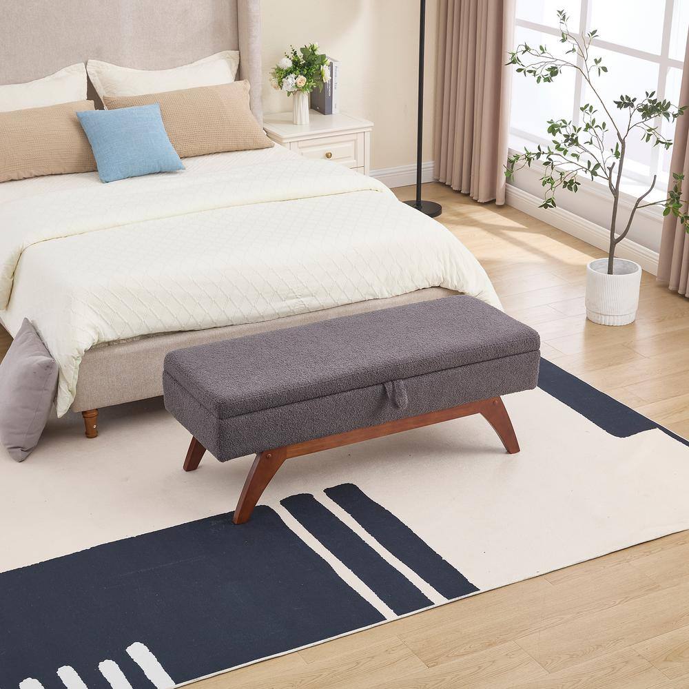 Horizon Grey Modern Upholstered Teddy Wool Storage Ottoman, Solid Wood Legs