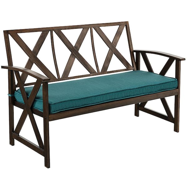 ANGELES HOME 2-Person Metal Outdoor Bench with Detachable Sponge-Padded Blue Cushion