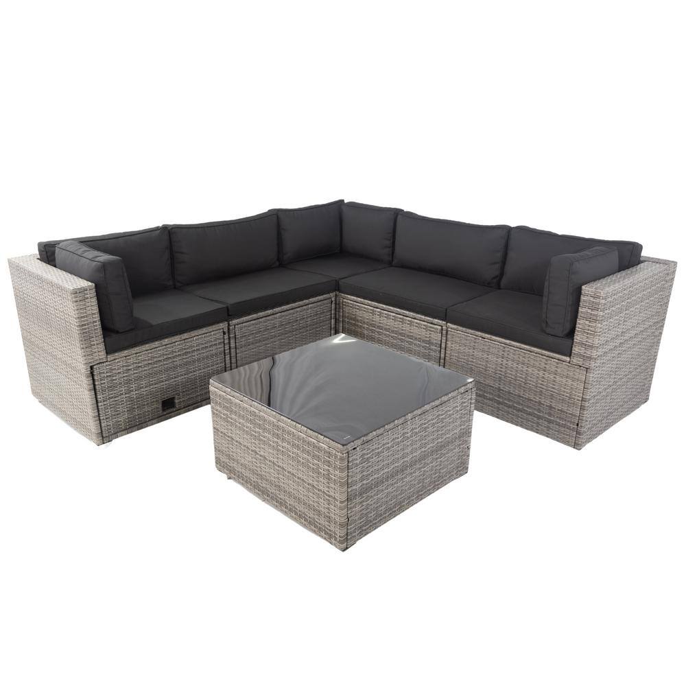 6-Pieces PE Rattan Sectional Outdoor Furniture Cushioned Sofa Set with 3-Storage Under Seat Plus Dark Gray Cushion -  Sudzendf, ZTPO12-337