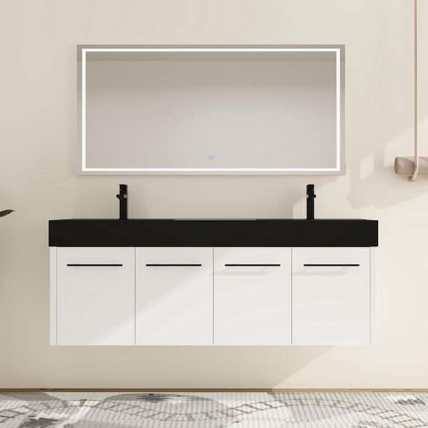 59.1 in. W x 18.1 in. D x 22.4 in. H Wall Mounted Double White Bath Vanity with Black Resin Top