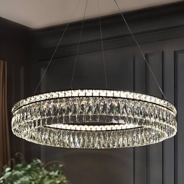 1-Light Integrated LED Flat Black Crystal Wagon Wheel Chandelier for Living Room