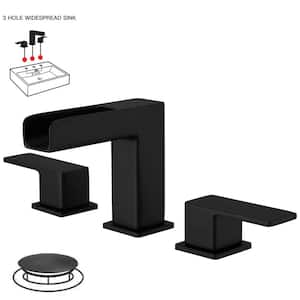8 in. Widespread Double Handle Black Bathroom Faucet Set 3-Holes Vanity Sink With Metal Drain In Matte Black
