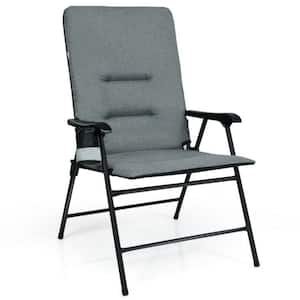 Outdoor Dining Chair Patio Padded Folding Portable Chair in Gray Set of 1 with High Backrest and Cup Holder