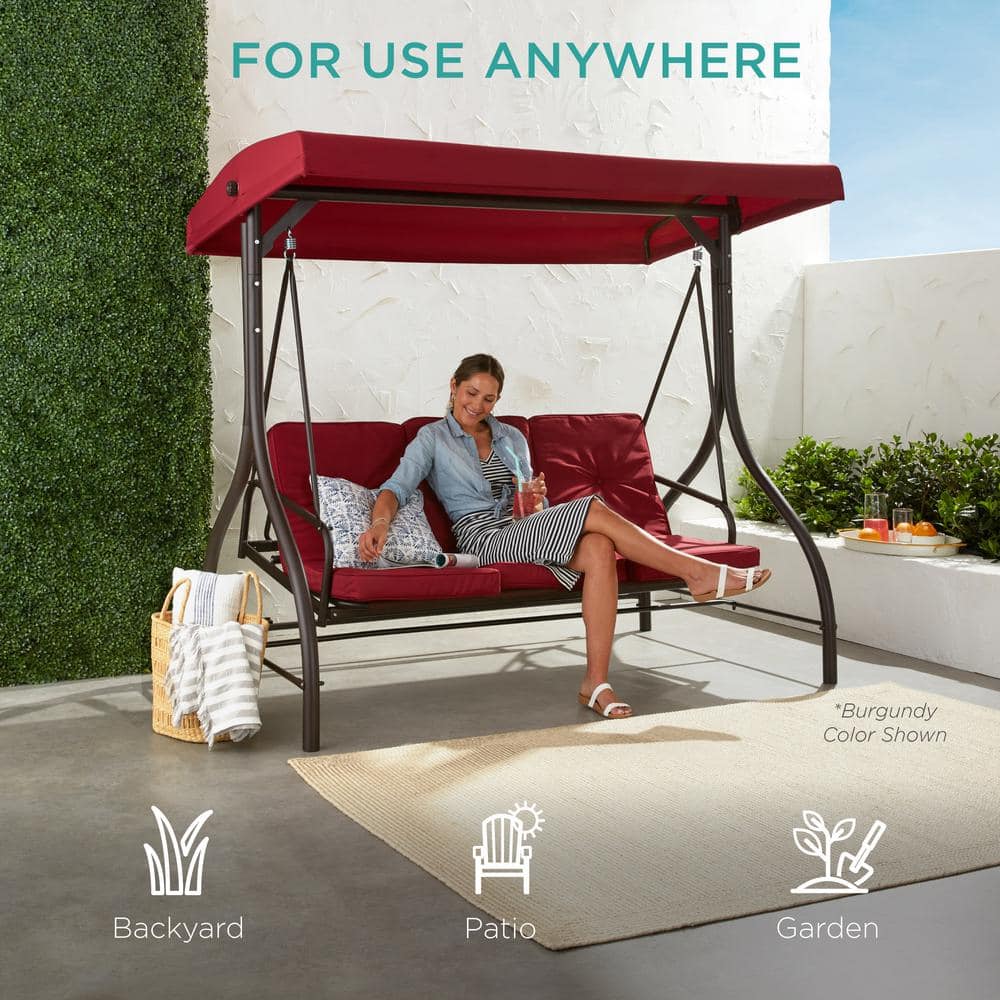 Brown 3-Seat Outdoor Canopy Swing Glider with Cushions