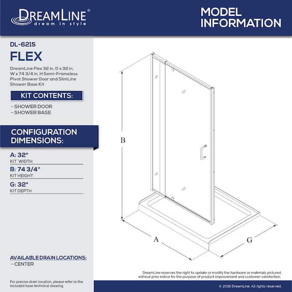 Flex 32 in. x 32 in. x 74.75 in. Framed Pivot Shower Door in Brushed Nickel with Center Drain White Acrylic Base