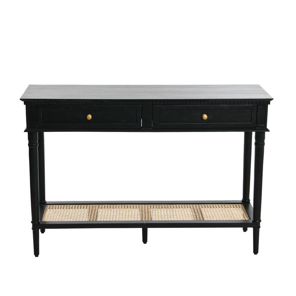 Black Acacia Wood Console Table with Cane Shelf and Storage