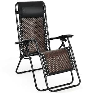 Metal Folding and Reclining Zero Gravity Lounge Lawn Chair with Headrest in Coffee