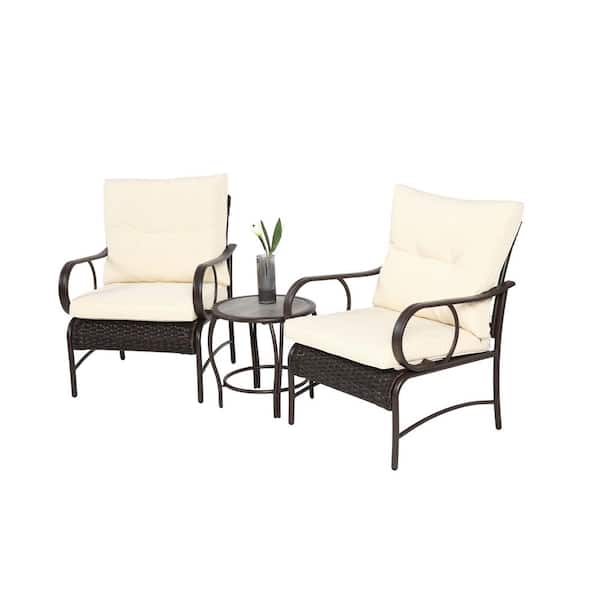 Unbranded Modern 3-Piece Outdoor Wicker Patio Conversation Set Rattan Chair and Coffee Table with White Cushions, for Yard Balcony