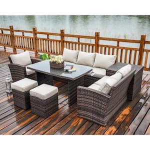 Mediterranean Brown Wicker Outdoor Sectional Set with Beige Cushions