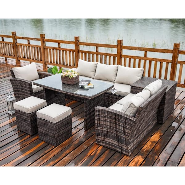 moda furnishings Mediterranean Brown Wicker Outdoor Sectional Set with Beige Cushions