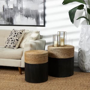 19 in. Black Handmade Colorblock Wrapped Large Round Wood Coffee Table with Dried Plant Tabletops (2- Pieces)