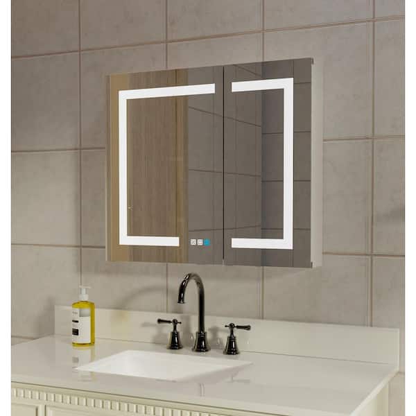 30 in. W x 26 in. H Rectangular LED Lighted Frameless Wall Recessed or Surface Bathroom Vanity Mirror in Silver