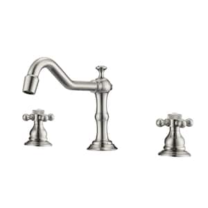 Roma 8 in. Widespread 2-Handle Metal Cross with Porcelain Buttons Bathroom Faucet in Brushed Nickel