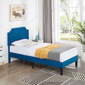 Upholstered Bed Frame, Blue Metal Frame Twin Size with Headboard Upholstered Platform Bed with Sturdy Wood Slat Support